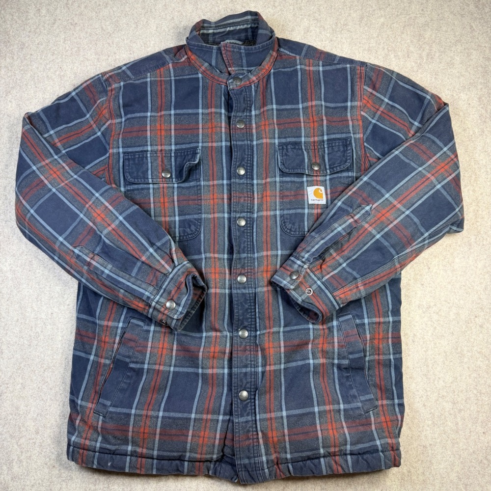 Carhartt Mens Sherpa Lined Flannel Plaid Shirt Jacket Navy Blue Orange Snap